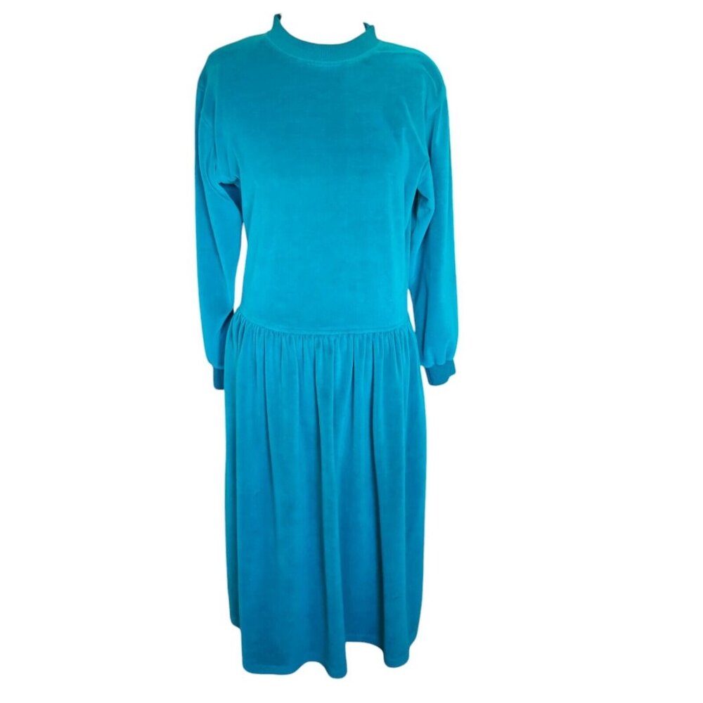 80s Womens Medium Dropwaist Velour‎ Dress Mockneck Teal Turquoise Blue Green